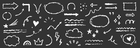 Hand drawn red line star sparkle, emphasis, underline element set on chalkboard. Hand drawn doodle text highlight, underline, arrow red pen stroke style. Vector illustrationのイラスト素材
