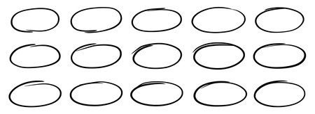Drawn pen line oval set. Hand drawn marker stroke style doodle oval frame. Scribble round frame for text highlight. Grunge scratch style set. Vector illustrationのイラスト素材