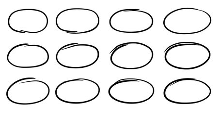 Drawn pen line oval set. Hand drawn marker stroke style doodle oval frame. Scribble round frame for text highlight. Grunge scratch style set. Vector illustrationのイラスト素材