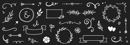 Flower frame, vintage ribbon element on chalkboard. Hand drawn doodle cute floral border, arrow, banner ribbon set. Wedding swirl element, floral frame, flower decorative element. Vector illustrationのイラスト素材