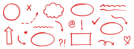 Pen marker line red arrow, underline, emphasis element set. Hand drawn red marker brush stroke style arrow, text underline, round frame set. Doodle sketch pencil text decoration. Vector illustrationのイラスト素材