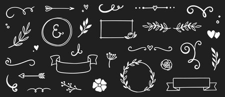 Flower frame, vintage ribbon element on chalkboard. Hand drawn doodle cute floral border, arrow, banner ribbon set. Wedding swirl element, floral frame, flower decorative element. Vector illustrationのイラスト素材