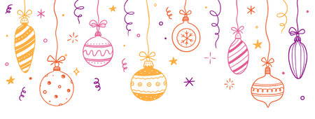 Doodle christmas ball element background. Hand drawn sketch line style xmas ball. Cute merry christmas bauble for border, background design with text place. Isolated vector illustration.のイラスト素材