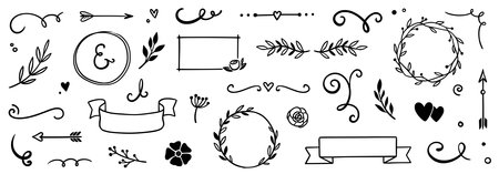Flower frame, vintage ribbon vector element. Hand drawn doodle cute floral border, arrow, banner ribbon set. Wedding swirl element, floral frame, flower decorative element. Vector illustrationのイラスト素材