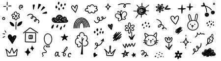 Hand drawn kid icon sketch funny cute element flower, cloud, balloon. Doodle line sketch childish element set. Flower, heart, cloud children draw style design elements background. Vector illustrationのイラスト素材