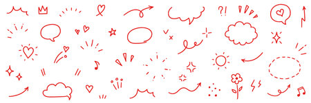 Cute red line icon sketch element. Hand drawn red line sketch text decoration star sparkle, arrow, heart element set. Simple drawn sun sparkle, flower, emphasis symbol background. Vector illustrationのイラスト素材
