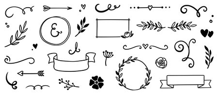Flower frame, vintage ribbon doodle element. Hand drawn doodle cute floral border, arrow, banner ribbon set. Wedding swirl element, floral frame, flower decorative element. Vector illustrationのイラスト素材