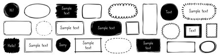 Hand drawn doodle frame set. Box, square, rectangle, circle shape brush pen line stroke scribble element. Hand drawn simple oval, square frame for text border. Vector illustrationのイラスト素材