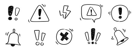 Doodle exclamation mark, alert danger sign set. Scribble hand drawn doodle exclamation triangle point, stop warning, hazard sign. Hand drawn sketch danger information sign. Vector illustrationのイラスト素材