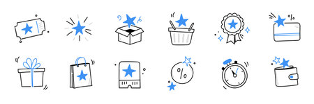 Doodle exclusive, benefit, reward loyalty coupon icon set. Hand drawn sketch style bonus card, loyalty program, vip member icon. Exclusive reward, discount program offer doodle. Vector illustrationのイラスト素材