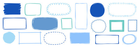 Hand drawn doodle color frame set. Box, square, rectangle, circle shape brush pen line stroke scribble element. Hand drawn simple oval, square frame for text border. Vector illustrationのイラスト素材
