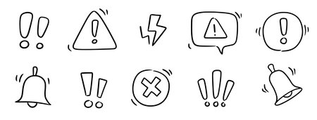 Doodle exclamation mark, alert danger sign set. Scribble hand drawn doodle exclamation triangle point, stop warning, hazard sign. Hand drawn sketch danger information sign. Vector illustrationのイラスト素材