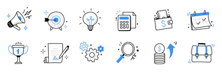 Hand drawn business, money icon set. Finance target, money goal sketch drawn cute trendy doodle icon. Business money, finance calculator, economic briefcase elements. Vector illustrationのイラスト素材