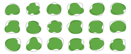 Organic blob shape, abstract green color amoeba, irregular fluid element set. Simple flat abstract splodge, amoeba blob figure, liquid shape graphic design element. Vector illustration.のイラスト素材