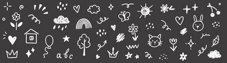 Hand drawn kid icon sketch funny cute element flower, cloud, balloon. Doodle line sketch childish element set. Flower, heart, cloud children draw style design on chalkboard. Vector illustrationのイラスト素材