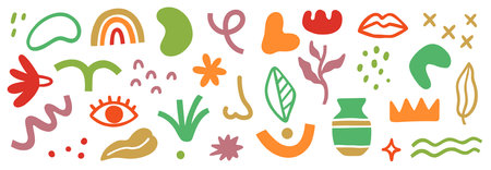 Abstract blob shape doodle set element. Geometric abstract flower, blob face, organic doodle modern shape. Creative graphic design playful, cute color poster elements. Vector illustrationのイラスト素材
