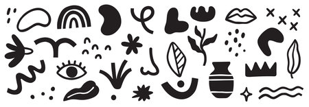 Abstract blob shape doodle set element. Geometric abstract flower, blob face, organic doodle modern shape. Creative graphic design playful, cute color poster elements. Vector illustrationのイラスト素材