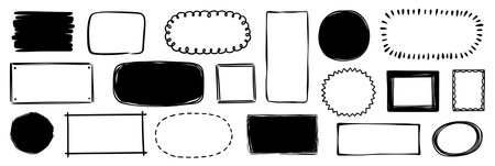 Hand drawn doodle frame set. Box, square, rectangle, circle shape brush pen line stroke scribble element. Hand drawn simple oval, square frame for text border. Vector illustrationのイラスト素材