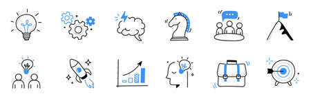 Business idea, startup doodle line icon set. Hand drawn doodle sketch line style business strategy, finance goal growth, startup idea concept. Rocket, target, brain cute element. Vector illustrationのイラスト素材