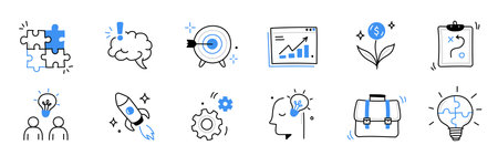 Business idea, startup doodle line icon set. Hand drawn doodle sketch line style business strategy, finance goal growth, startup idea concept. Rocket, target, brain cute element. Vector illustrationのイラスト素材