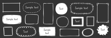 Hand drawn doodle frame on chalkboard background. Box, square, rectangle, circle shape brush pen line stroke scribble element. Hand drawn simple oval, square frame text border. Vector illustrationのイラスト素材