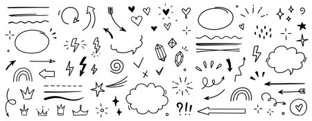 Sketch line arrow element, star, heart shape. Hand drawn doodle sketch style circle, cloud speech bubble grunge element set. Arrow, star, heart brush decoration. Vector illustration.のイラスト素材