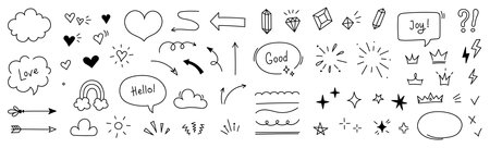 Hand drawn line cute star sparkle, heart, arrow elements. Doodle heart, arrow, star, sparkle decoration set icon. Simple sketch line style emphasis, attention, pattern elements. Vector illustrationのイラスト素材