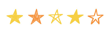 Five star doodle. Hand drawn quality, review yellow five star illustration. Award, quality, feedback concept elements. Sketch grunge style. Isolated vector illustration.のイラスト素材