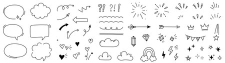 Hand drawn line cute star sparkle, heart, arrow elements. Doodle heart, arrow, star, sparkle decoration set icon. Simple sketch line style emphasis, attention, pattern elements. Vector illustrationのイラスト素材