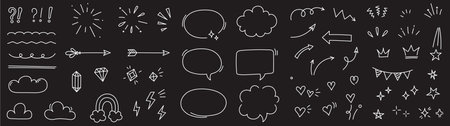 Sketch line arrow element, star, heart shape on chalkboard background. Hand drawn doodle sketch style circle, cloud speech bubble grunge element. Arrow, star, heart decoration. Vector illustrationのイラスト素材