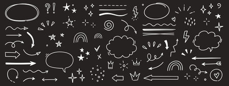 Sketch line arrow element, star, heart shape on chalkboard background. Hand drawn doodle sketch style circle, cloud speech bubble grunge element. Arrow, star, heart decoration. Vector illustrationのイラスト素材