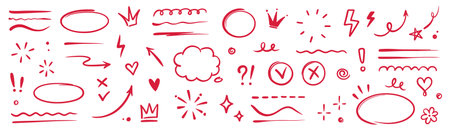 Hand drawn red highlight, text underline, emphasis mark, line shape set. Hand drawn scribble arrow, love heart, speech bubble, crown element. Marker, pen brush stroke. Vector illustrationのイラスト素材