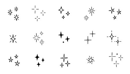 Hand drawn star sparkle shine of doodle set. Star shine twinkle glow, spark glitter, magic party light vector illustration. Hand drawn sketch doodle style line sparkle elementsのイラスト素材