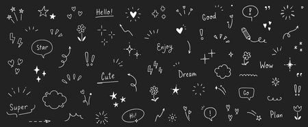 Doodle cute heart, glitter pen line elements on chalkboard. Doodle heart, arrow, star, sparkle decoration symbol set icon. Simple sketch line style emphasis, glitter star. Vector illustrationのイラスト素材