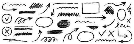 Chalk scribble arrow, line brush set. Crayon arrow, underline, handwritten mark check elements. Vector hand drawn scribble crayon, marker sketch brush texture. Rough chalk vector illustrationのイラスト素材