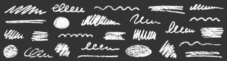 Chalk brush underline stroke set. Crayon marker highlight scribble stroke. Vector hand drawn brush underline element set for accent, crayon texture emphasis element. Rough chalk vector illustrationのイラスト素材