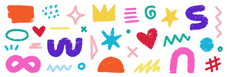 Abstract element shape set. Color graphic modern abstract sticker element. Doodle geometric collage star, crown, heart shape set. Hand drawn texture grunge brush modern effect. Vector illustrationのイラスト素材