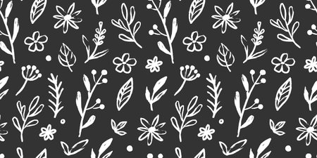 Abstract flower doodle brush seamless pattern. Sketch hand drawn spring floral plant, nature graphic leaf, scribble grunge brush texture black and white ink seamless pattern. Vector illustrationのイラスト素材