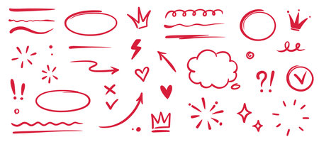 Hand drawn red highlight, text underline, emphasis mark, line shape set. Hand drawn scribble arrow, love heart, speech bubble, crown element. Marker, pen brush stroke. Vector illustrationのイラスト素材