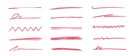 Pen underline line stroke, red marker scribble. Hand drawn mark, brush drawn curve, doodle sketch vector. Red pen text underline, handwritten doodle elements, lettering emphasis. Vector illustrationのイラスト素材