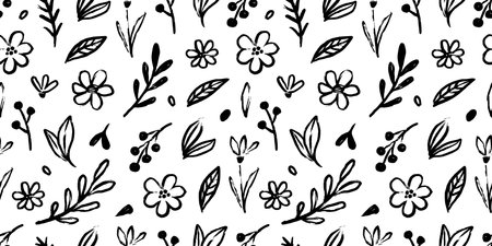 Abstract flower doodle brush seamless pattern. Sketch hand drawn spring floral plant, nature graphic leaf, scribble grunge brush texture black and white ink seamless pattern. Vector illustrationのイラスト素材