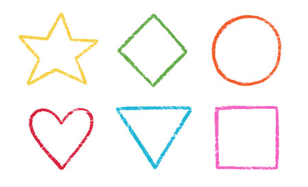 Crayon, chalk kid frame set. Round, square, heart shape hand drawn crayon texture vector color frame element. Chalk, pastel pencil kid craft paint style square, star border. Vector illustration.のイラスト素材