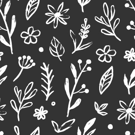 Abstract flower doodle brush seamless pattern. Sketch hand drawn spring floral plant, nature graphic leaf, scribble grunge brush texture black and white ink seamless pattern. Vector illustrationのイラスト素材