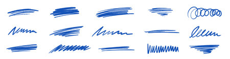 Line brush marker, pen, pencil stroke vector. Blue line brush marker scribble sketch underline. Hand drawn doodle pencil scratch mark. Scrawl texture underline effect. Vector illustration.のイラスト素材
