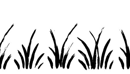 Grass doodle ink brush sketch seamless field border. Hand drawn vector grass field grunge texture brush background. Doodle herb, organic seamless pattern elements. Vector illustrationのイラスト素材