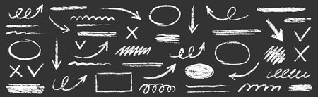 Chalk scribble arrow, line brush set. Crayon arrow, underline, handwritten mark check elements. Vector hand drawn scribble crayon, marker sketch brush texture. Rough chalk vector illustrationのイラスト素材