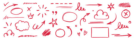 Line text highlight, red hand drawn pen brush marker vector. Line text underline, emphasis, star, arrow mark element. Hand drawn stroke, crown, love heart, pencil swoosh shape. Vector illustration.のイラスト素材