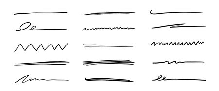 Pen underline line stroke, marker scribble. Hand drawn mark, brush drawn curve, doodle sketch vector. Pen text underline, handwritten doodle elements, lettering emphasis. Vector illustration.のイラスト素材