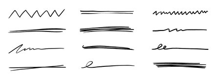 Pen underline line stroke, marker scribble. Hand drawn mark, brush drawn curve, doodle sketch vector. Pen text underline, handwritten doodle elements, lettering emphasis. Vector illustration.のイラスト素材