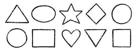 Crayon, chalk kid frame set. Round, square, heart shape hand drawn crayon texture vector black frame element. Chalk, pastel pencil kid craft paint style square, star border. Vector illustration.のイラスト素材